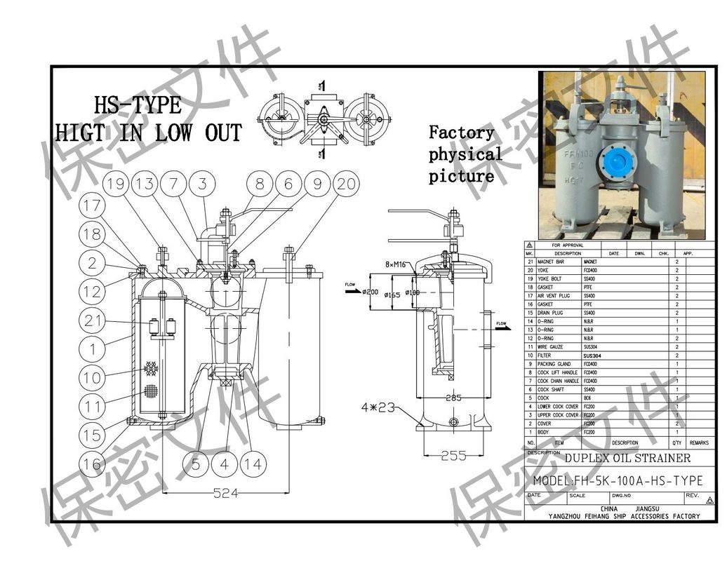Filtre à eau duplex JIS 5k-100a Jis F7208 (type H), cartouche filtrante en fonte, corps en acier inoxydable
