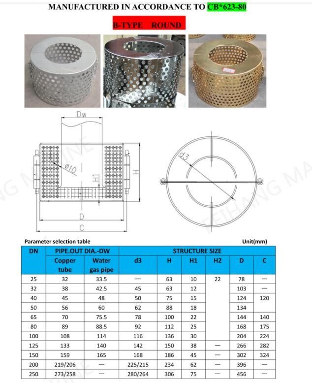 Concernant les dimensions de conception du tamis d'aspiration B125 Cb * 623-80 et du tamis d'aspiration circulaire