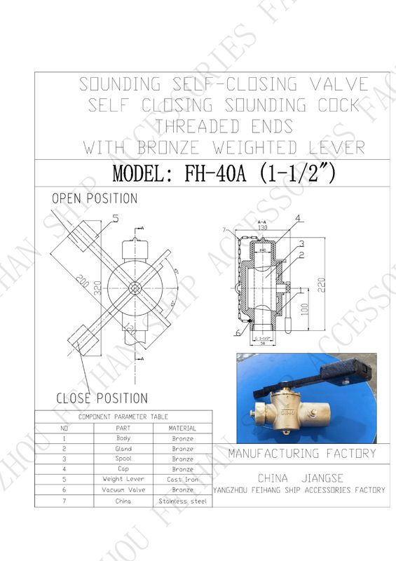 Paramètre technique pour les extrémités filetées avec levier de poids des soupapes de fermeture automatique en bronze modèle FH40 CB/T3778-1999