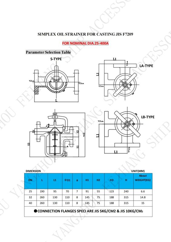 Données techniques pour le JIS F7209 souches d'huile simples et corps de filtre à panier d'huile unique - fonte et filtre - acier inoxydable